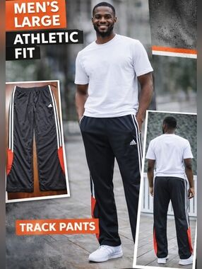 🔥Adidas Black Track Pants Red Stripe Athletic Fit | Men’s Active Streetwear